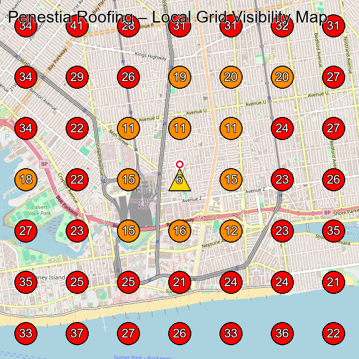 Penestia Roofing GeoGrid visibility map for Roofing Contractor in Brooklyn